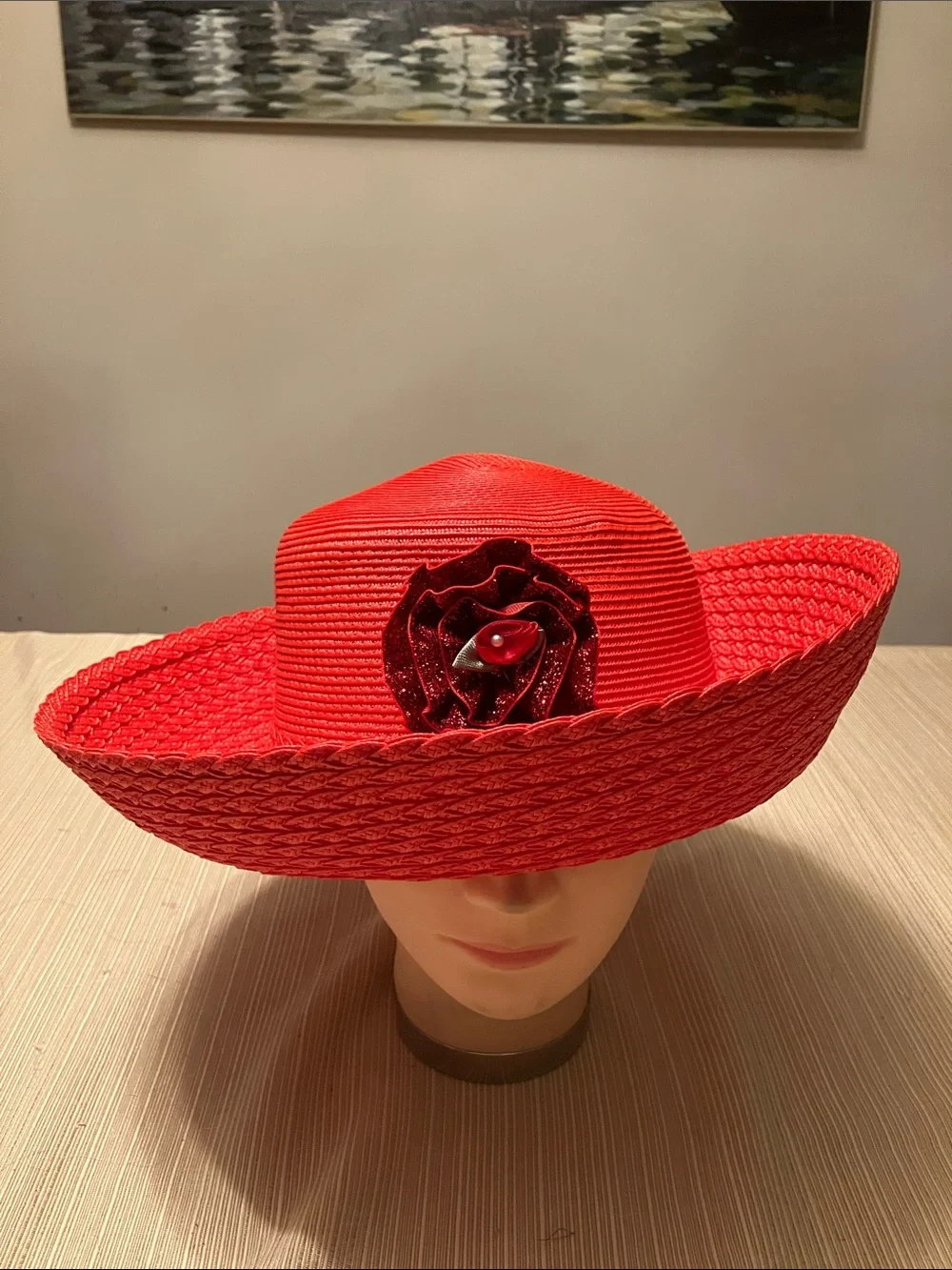 Red Wide-Brim Straw Sun Hat with Decorative Flower